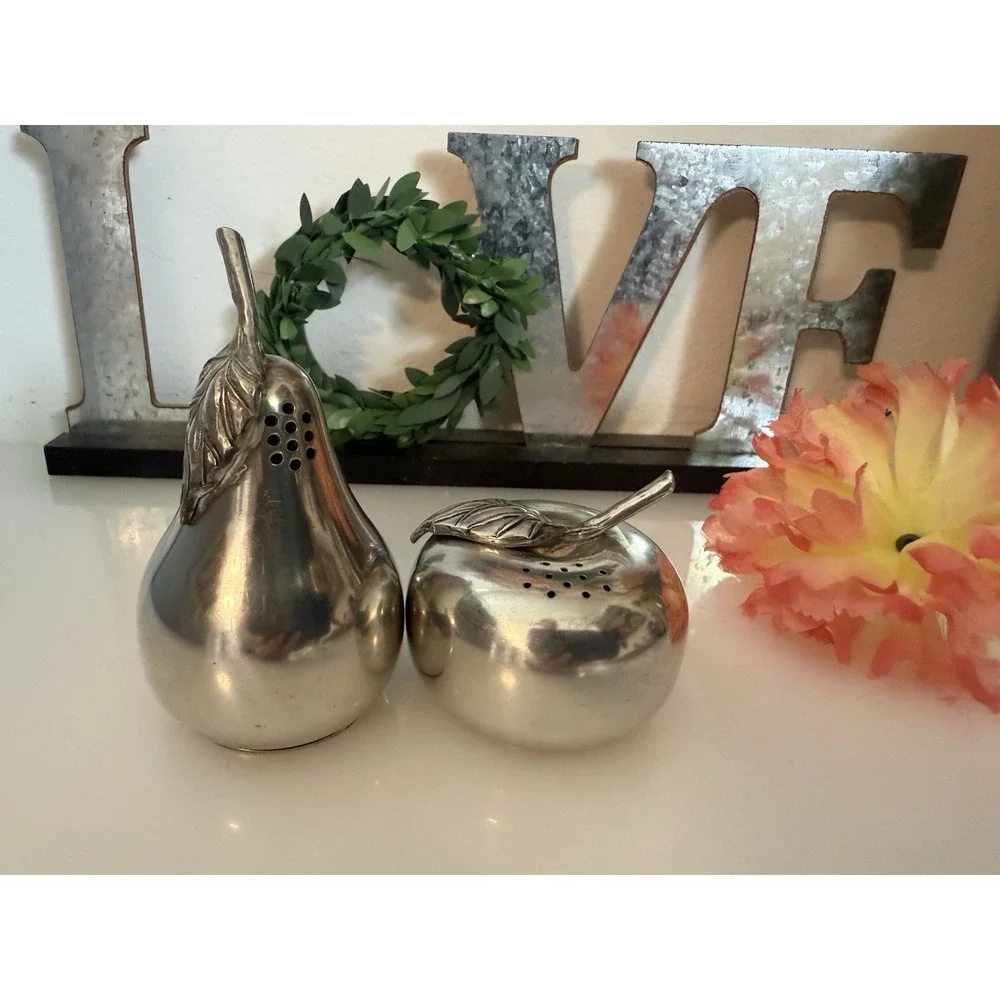 Vintage Kirk Stieff Lenox Pewter Apple & Pear Salt‎ & Pepper Shakers Fruit EUC